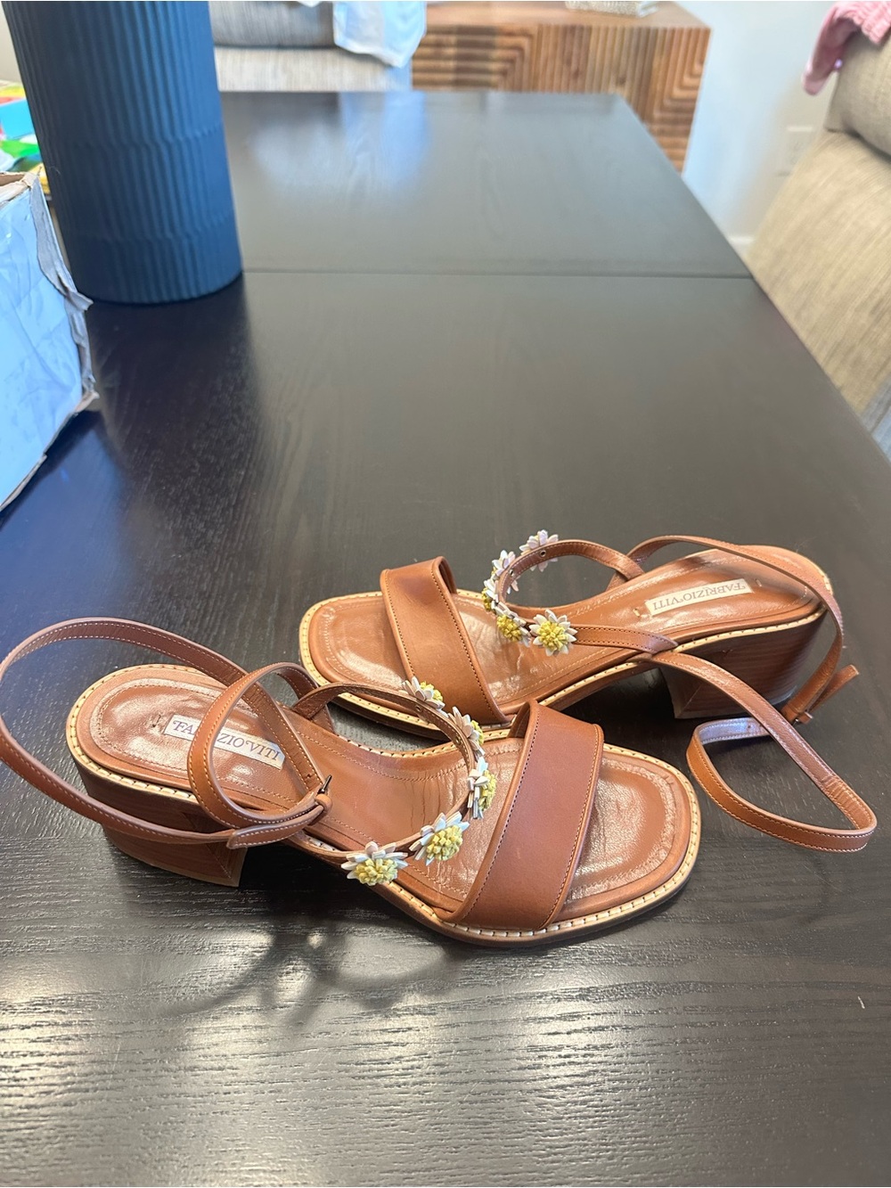 Tan Leather Slingback Sandals with Floral Accents
